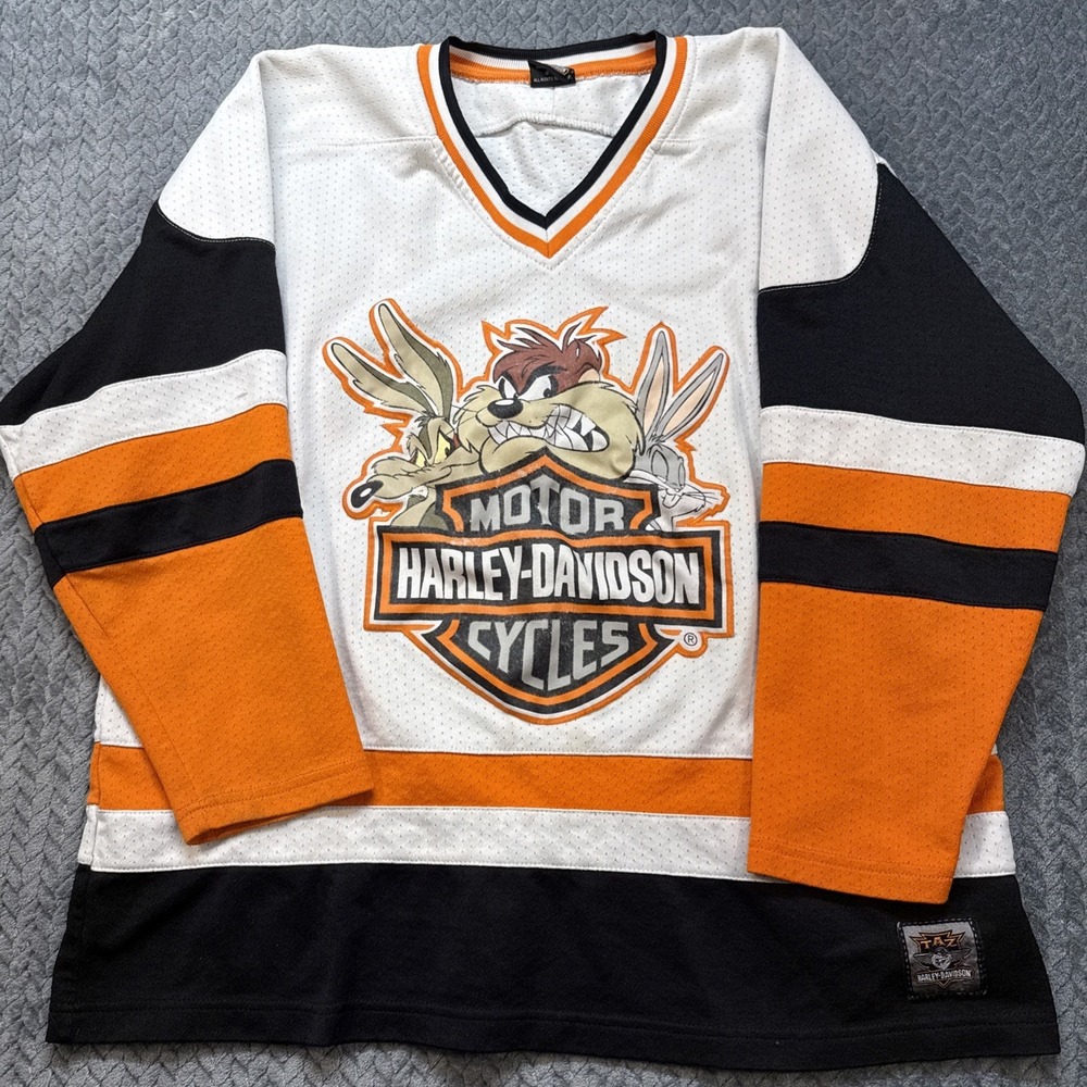 Vintage Harley-Davidson Taz Looney Tunes Hockey Jersey 1999 White Orange L/XL